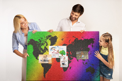 Tablero de corcho decorativo mapa del mundo con diseño arcoíris sobre fondo colorido