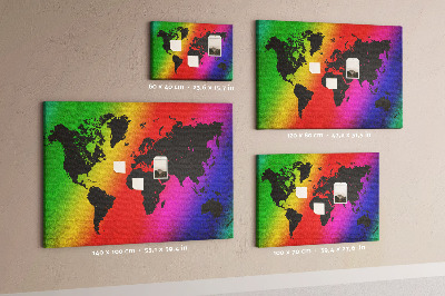 Tablero de corcho decorativo mapa del mundo con diseño arcoíris sobre fondo colorido