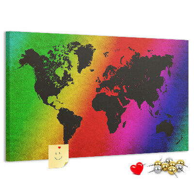 Tablero de corcho decorativo mapa del mundo con diseño arcoíris sobre fondo colorido