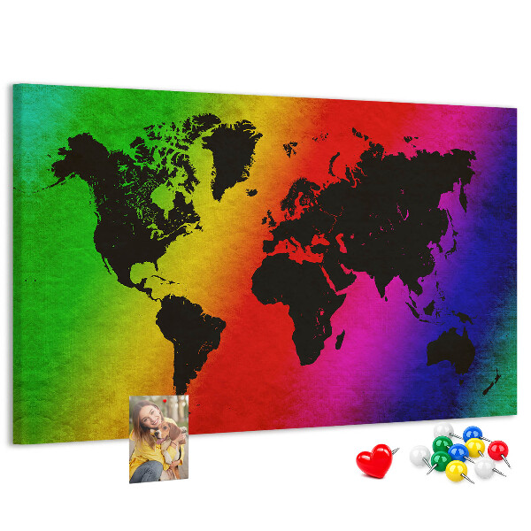 Tablero de corcho decorativo mapa del mundo con diseño arcoíris sobre fondo colorido