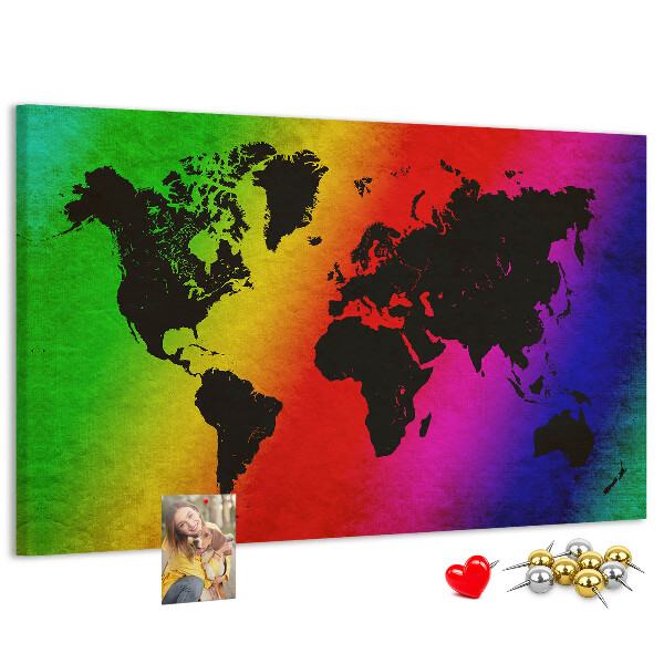 Tablero de corcho decorativo mapa del mundo con diseño arcoíris sobre fondo colorido
