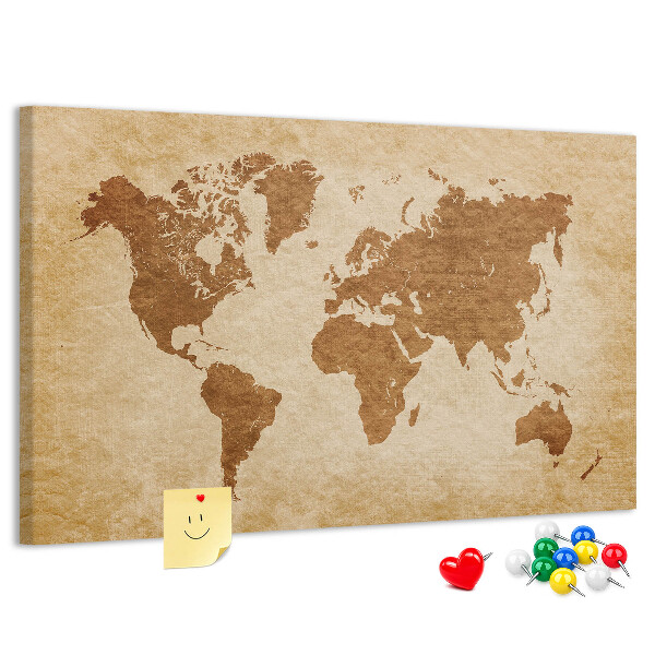 Tablero de anuncios Mapa del mundo antiguo en tonos marrones.