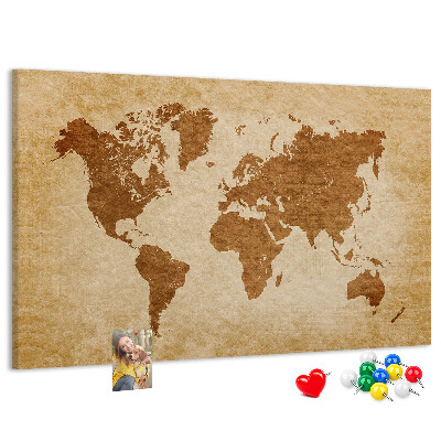 Tablero de anuncios Mapa del mundo antiguo en tonos marrones.