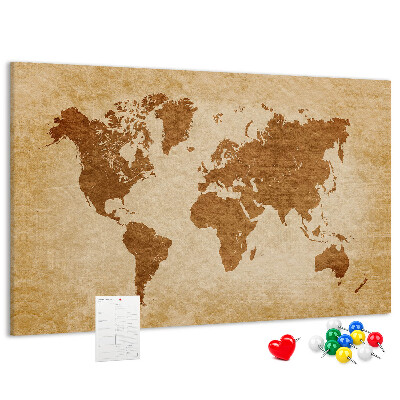 Tablero de anuncios Mapa del mundo antiguo en tonos marrones.