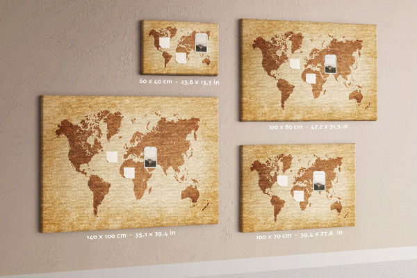 Tablero de anuncios Mapa del mundo antiguo en tonos marrones.