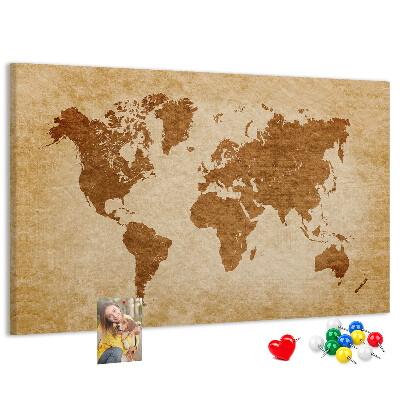 Tablero de anuncios Mapa del mundo antiguo en tonos marrones.