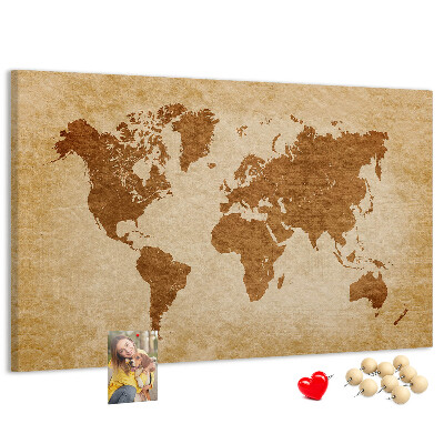 Tablero de anuncios Mapa del mundo antiguo en tonos marrones.