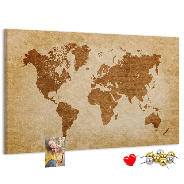 Tablero de anuncios Mapa del mundo antiguo en tonos marrones.