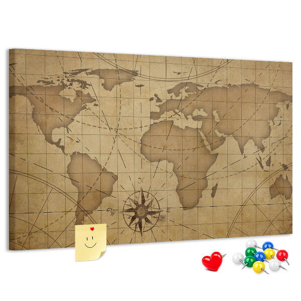 Tablero de anuncios mapa del mundo antiguo con brújula