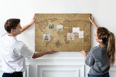 Tablero de anuncios mapa del mundo antiguo con brújula