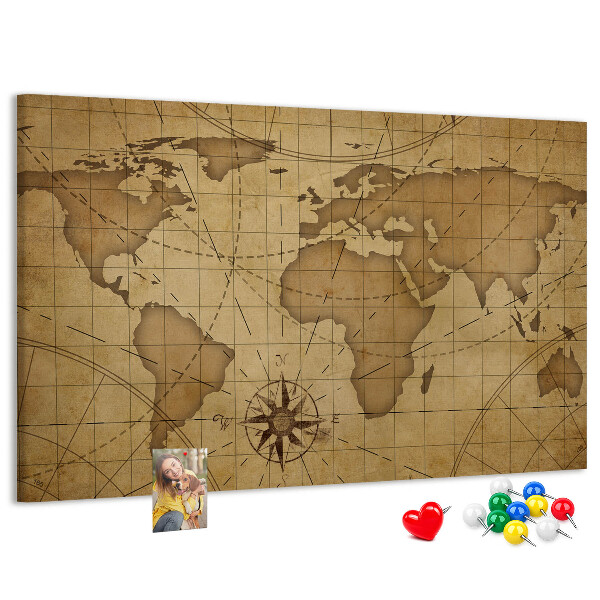 Tablero de anuncios mapa del mundo antiguo con brújula