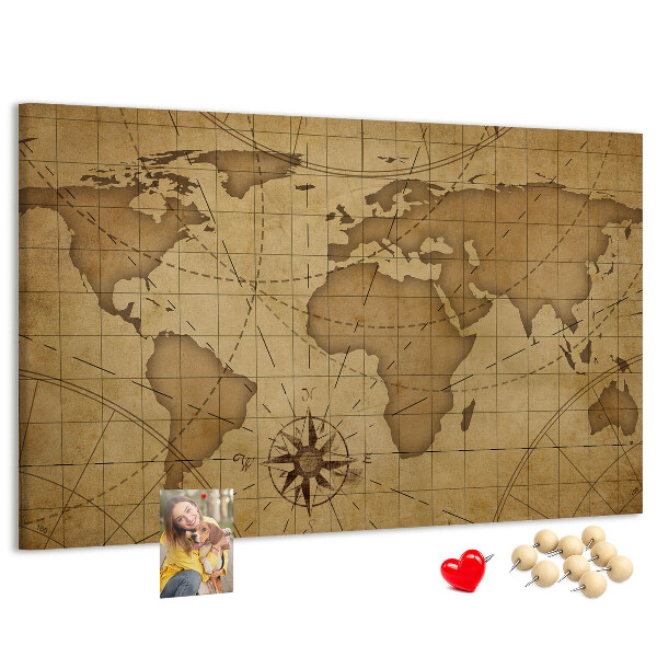 Tablero de anuncios mapa del mundo antiguo con brújula