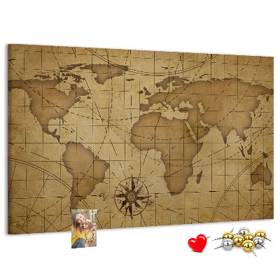 Tablero de anuncios mapa del mundo antiguo con brújula