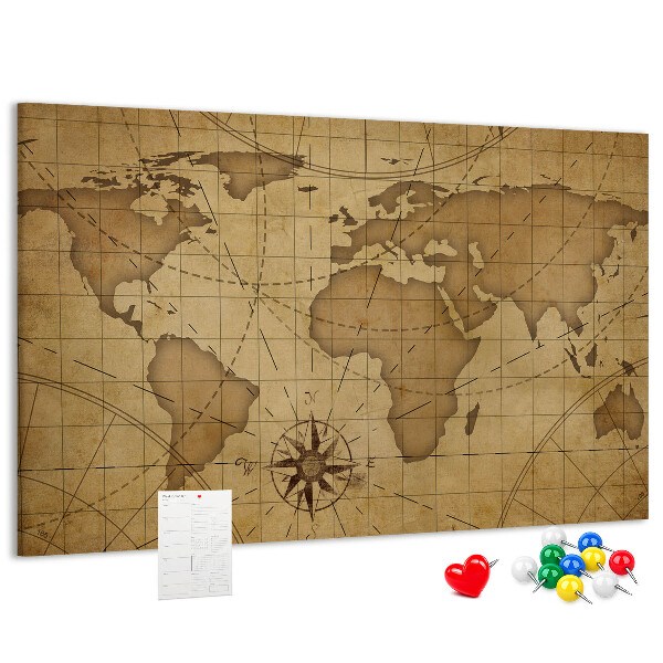 Tablero de anuncios mapa del mundo antiguo con brújula