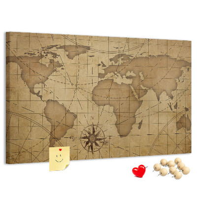 Tablero de anuncios mapa del mundo antiguo con brújula