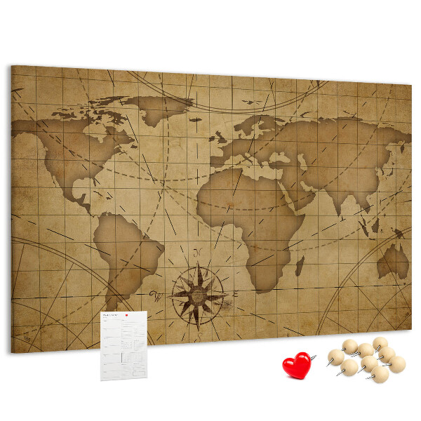Tablero de anuncios mapa del mundo antiguo con brújula