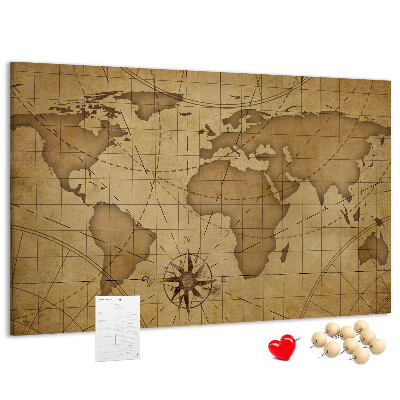 Tablero de anuncios mapa del mundo antiguo con brújula