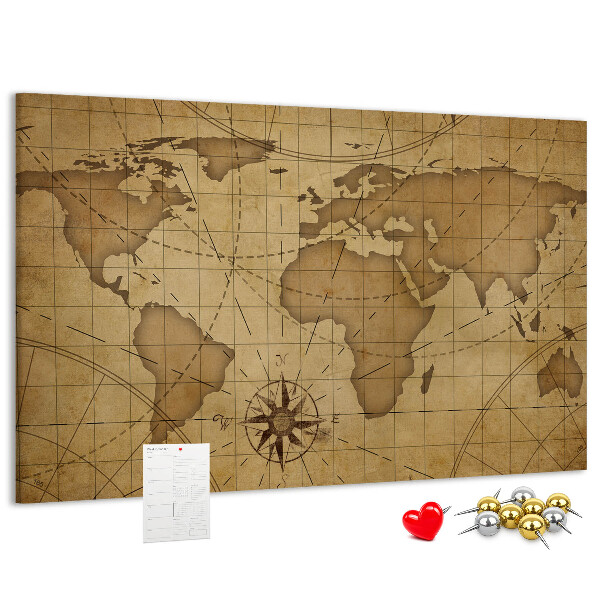 Tablero de anuncios mapa del mundo antiguo con brújula