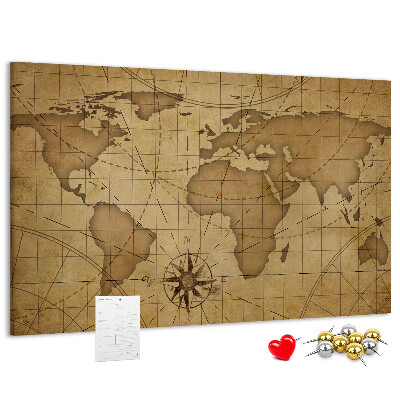 Tablero de anuncios mapa del mundo antiguo con brújula