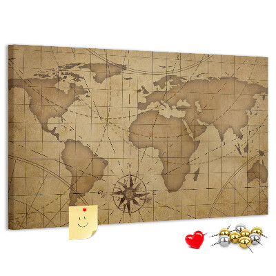 Tablero de anuncios mapa del mundo antiguo con brújula