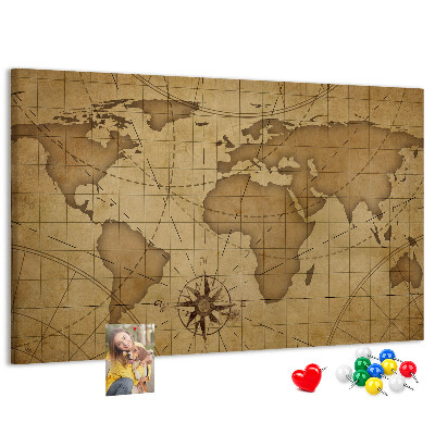 Tablero de anuncios mapa del mundo antiguo con brújula