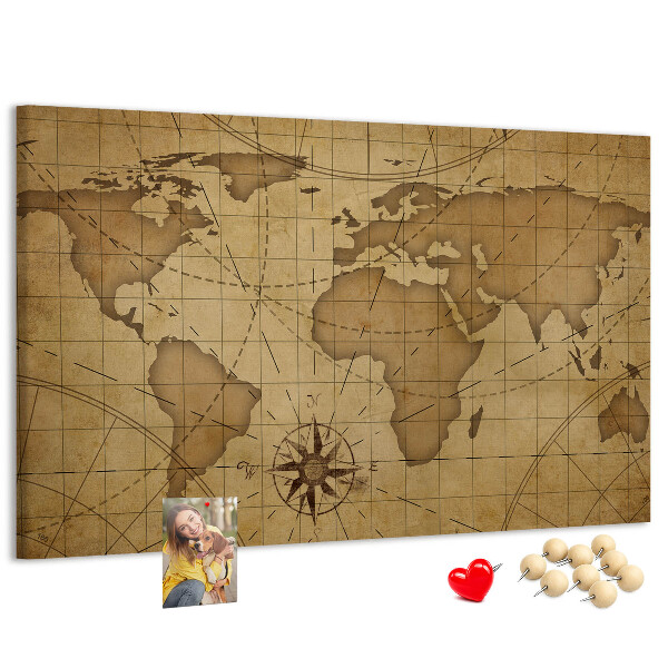 Tablero de anuncios mapa del mundo antiguo con brújula