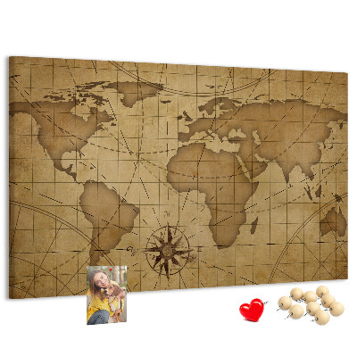 Tablero de anuncios mapa del mundo antiguo con brújula