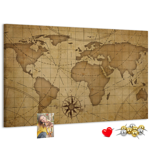 Tablero de anuncios mapa del mundo antiguo con brújula