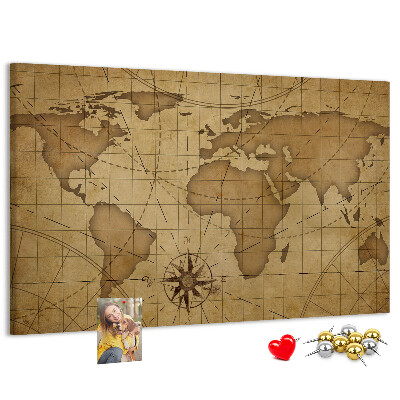 Tablero de anuncios mapa del mundo antiguo con brújula