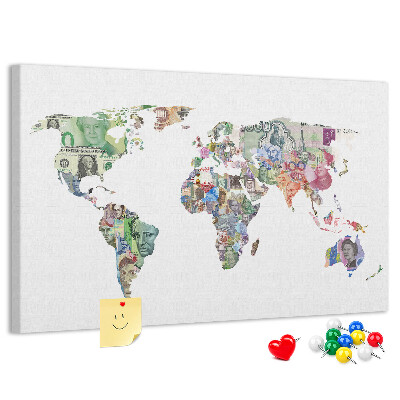 Tablero de corcho decorativo mapamundi diseñado con billetes de diferentes países
