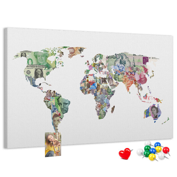 Tablero de corcho decorativo mapamundi diseñado con billetes de diferentes países