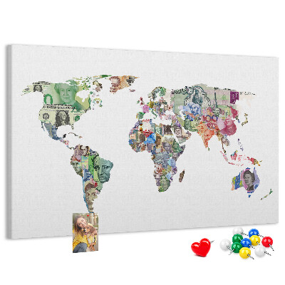 Tablero de corcho decorativo mapamundi diseñado con billetes de diferentes países