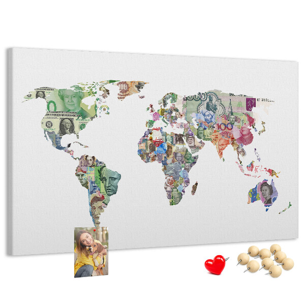 Tablero de corcho decorativo mapamundi diseñado con billetes de diferentes países