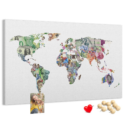 Tablero de corcho decorativo mapamundi diseñado con billetes de diferentes países
