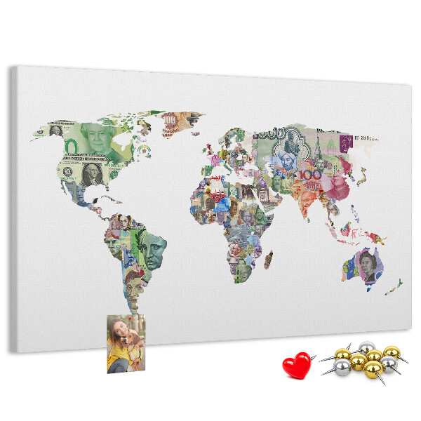 Tablero de corcho decorativo mapamundi diseñado con billetes de diferentes países