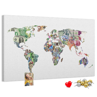 Tablero de corcho decorativo mapamundi diseñado con billetes de diferentes países