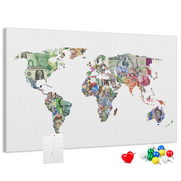 Tablero de corcho decorativo mapamundi diseñado con billetes de diferentes países