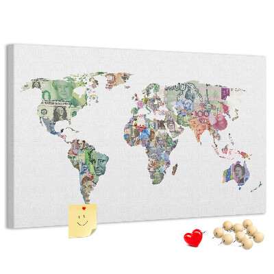 Tablero de corcho decorativo mapamundi diseñado con billetes de diferentes países