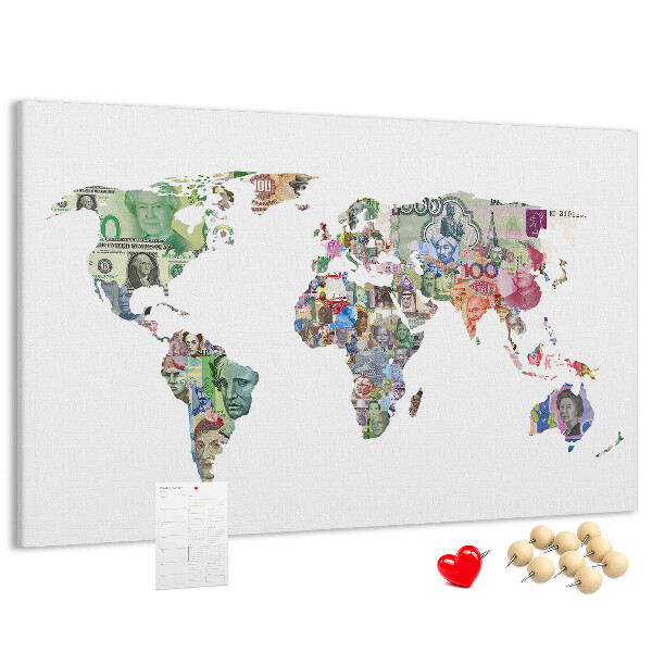 Tablero de corcho decorativo mapamundi diseñado con billetes de diferentes países