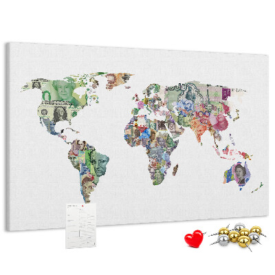 Tablero de corcho decorativo mapamundi diseñado con billetes de diferentes países