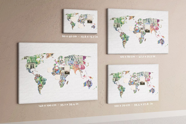 Tablero de corcho decorativo mapamundi diseñado con billetes de diferentes países