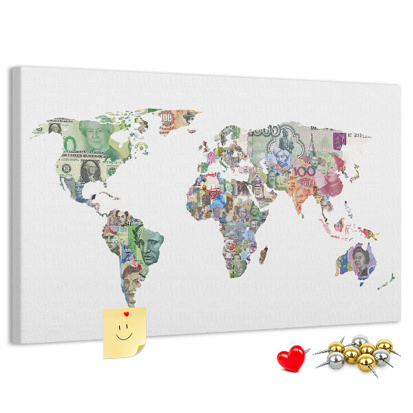 Tablero de corcho decorativo mapamundi diseñado con billetes de diferentes países