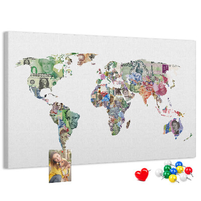 Tablero de corcho decorativo mapamundi diseñado con billetes de diferentes países