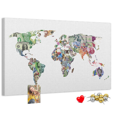 Tablero de corcho decorativo mapamundi diseñado con billetes de diferentes países