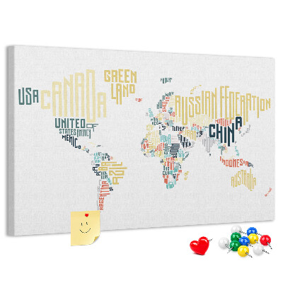 Tablero de anuncios Mapa del mundo con los nombres de los países en palabras.