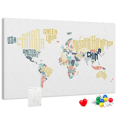 Tablero de anuncios Mapa del mundo con los nombres de los países en palabras.