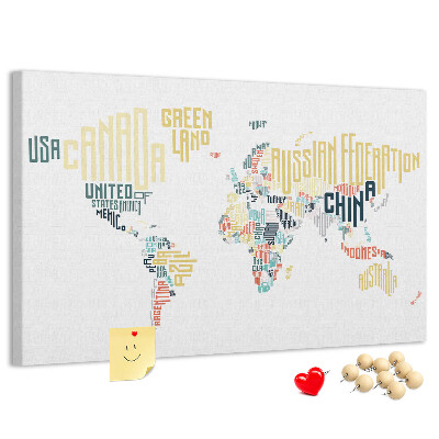 Tablero de anuncios Mapa del mundo con los nombres de los países en palabras.