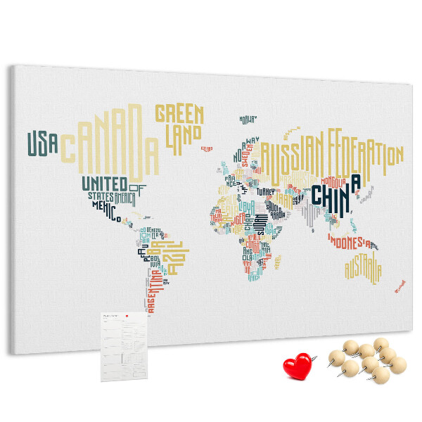 Tablero de anuncios Mapa del mundo con los nombres de los países en palabras.