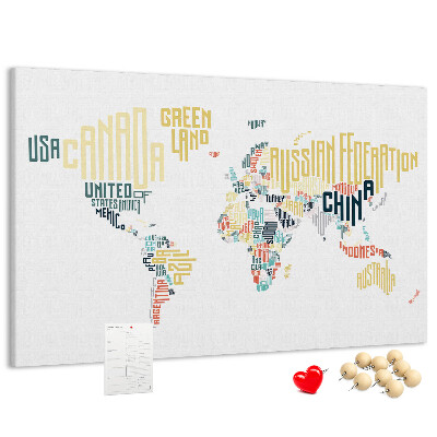 Tablero de anuncios Mapa del mundo con los nombres de los países en palabras.
