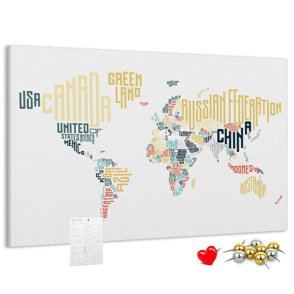 Tablero de anuncios Mapa del mundo con los nombres de los países en palabras.